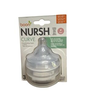 BRAND NEW Pack of 3 Boon Nursh Curve Silicone Bottle Nipples Extra Slow Flow 0m+